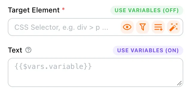 Fields showing the Use variables switch
